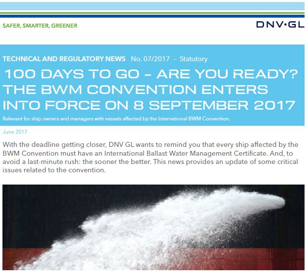 DNVGL: 100 days to go – are you ready? The BWM Convention enters into force on 8 September 2017